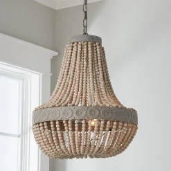 Aged Wood Beaded Chandelier - 3 Light