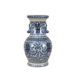 Chinoiserie Handled Blue and White Vase