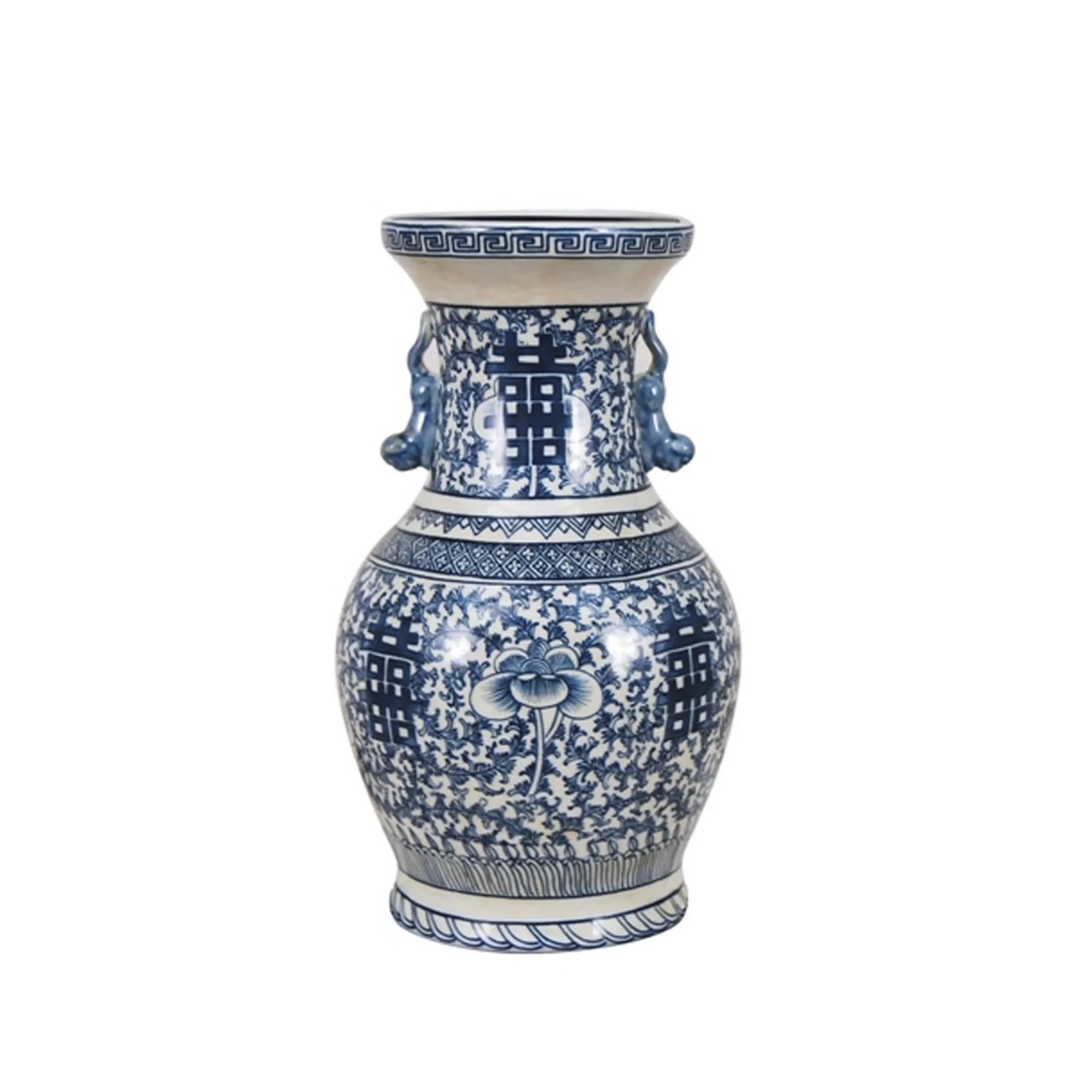 Chinoiserie Handled Blue and White Vase