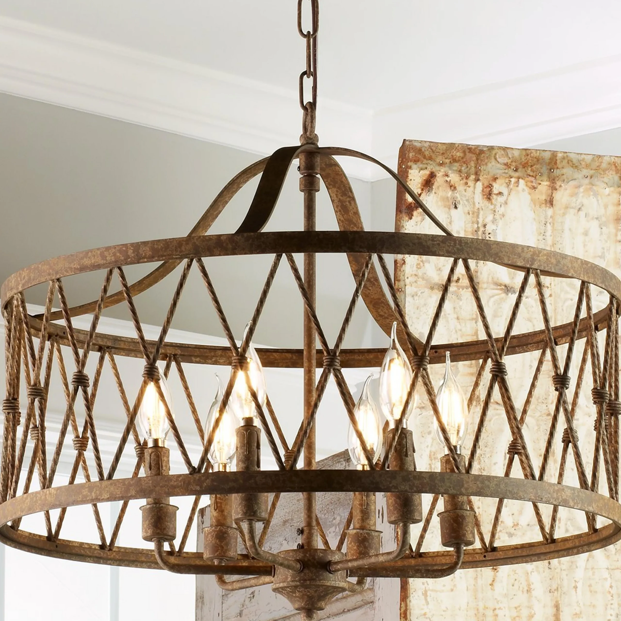 Faded Rustic Drum Cage Chandelier - 6 Light