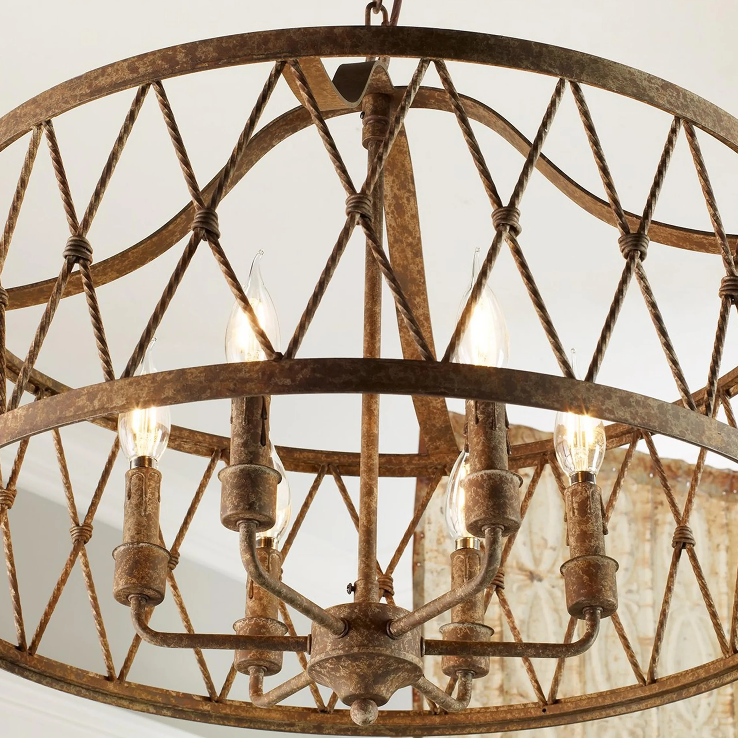 Faded Rustic Drum Cage Chandelier - 6 Light