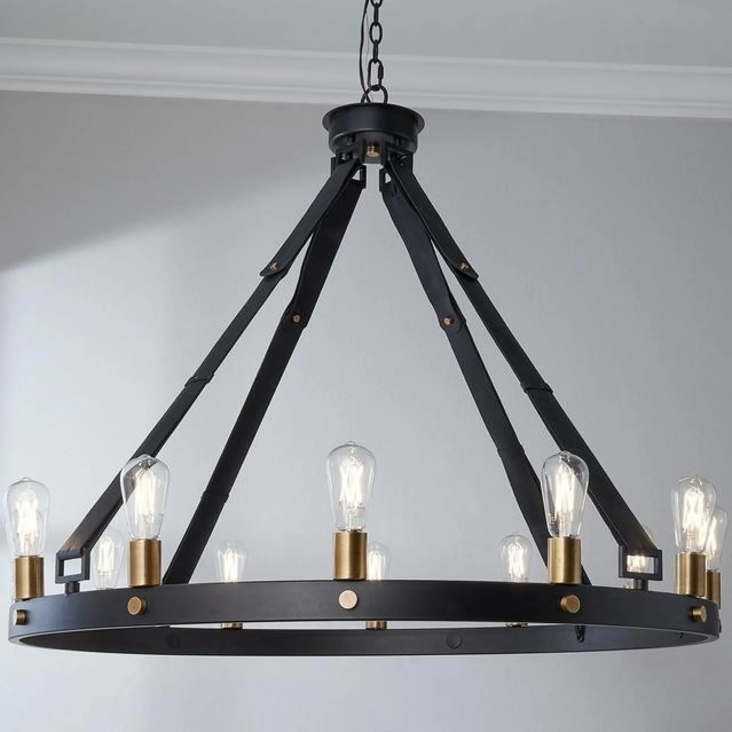Leather Strap Mixed Metals Chandelier - 12-Light