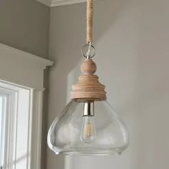 Pickled Wood and Clear Glass Pendant - Bell Glass