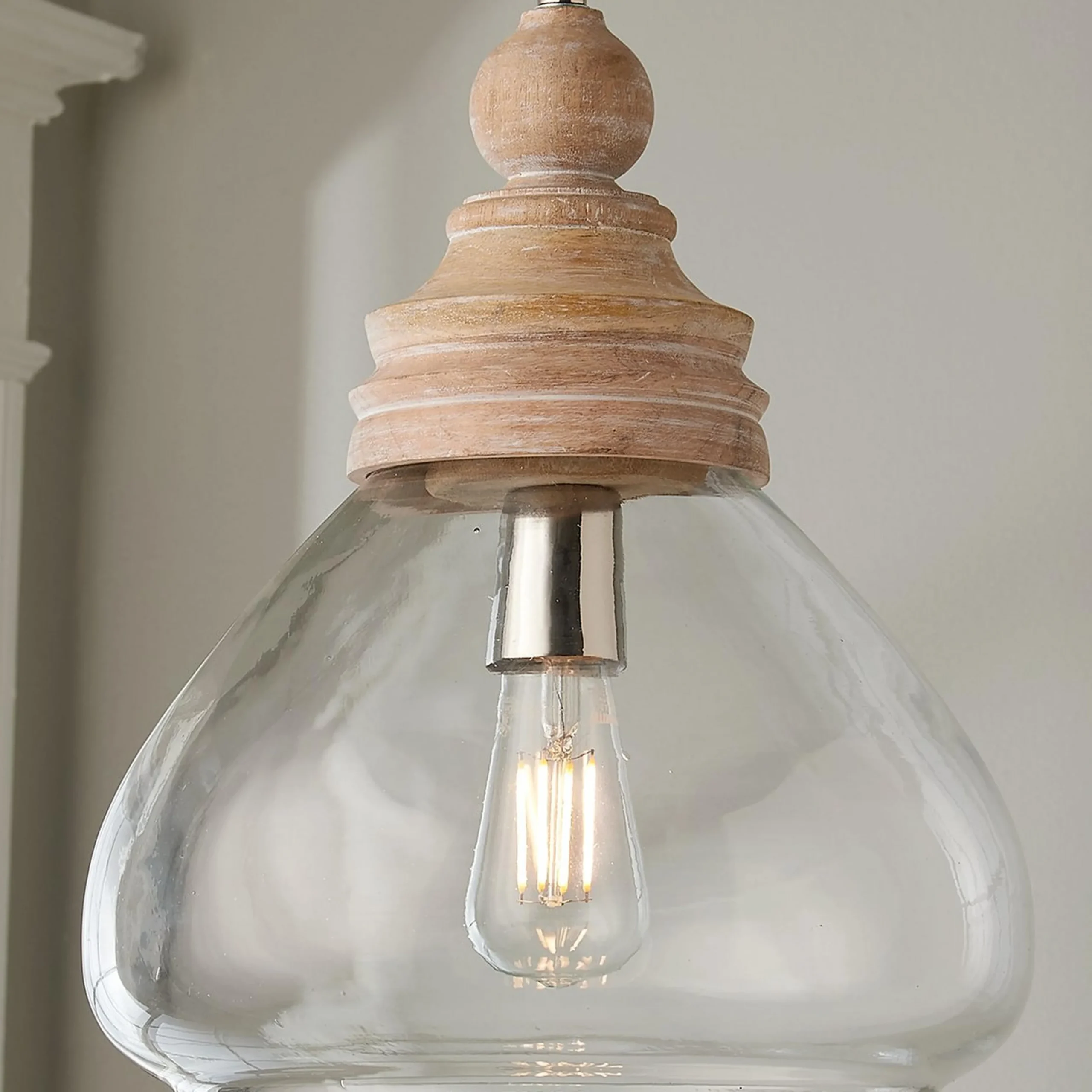Pickled Wood and Clear Glass Pendant - Bell Glass