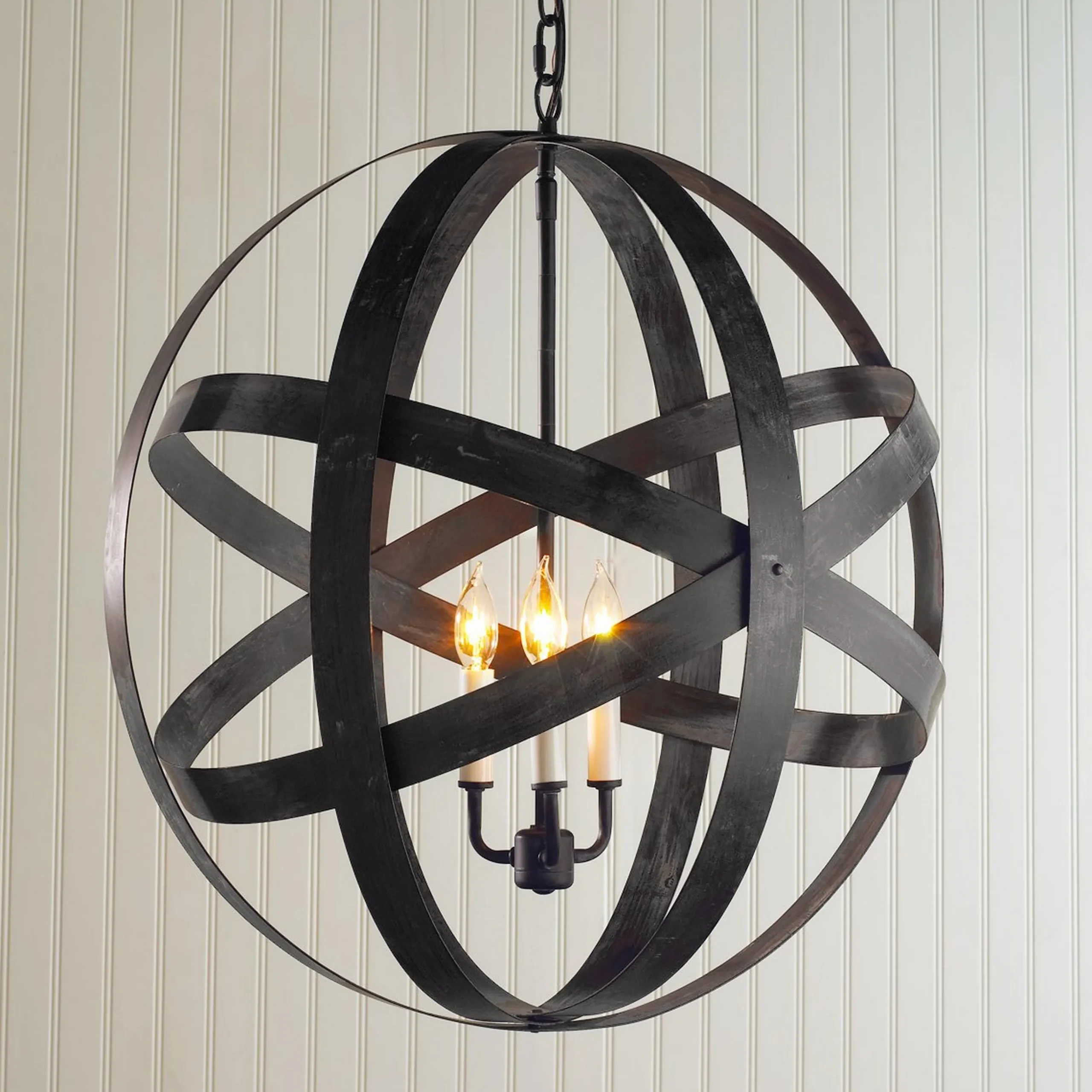 Rustic Metal Strap Globe Lantern - Large 3 Light
