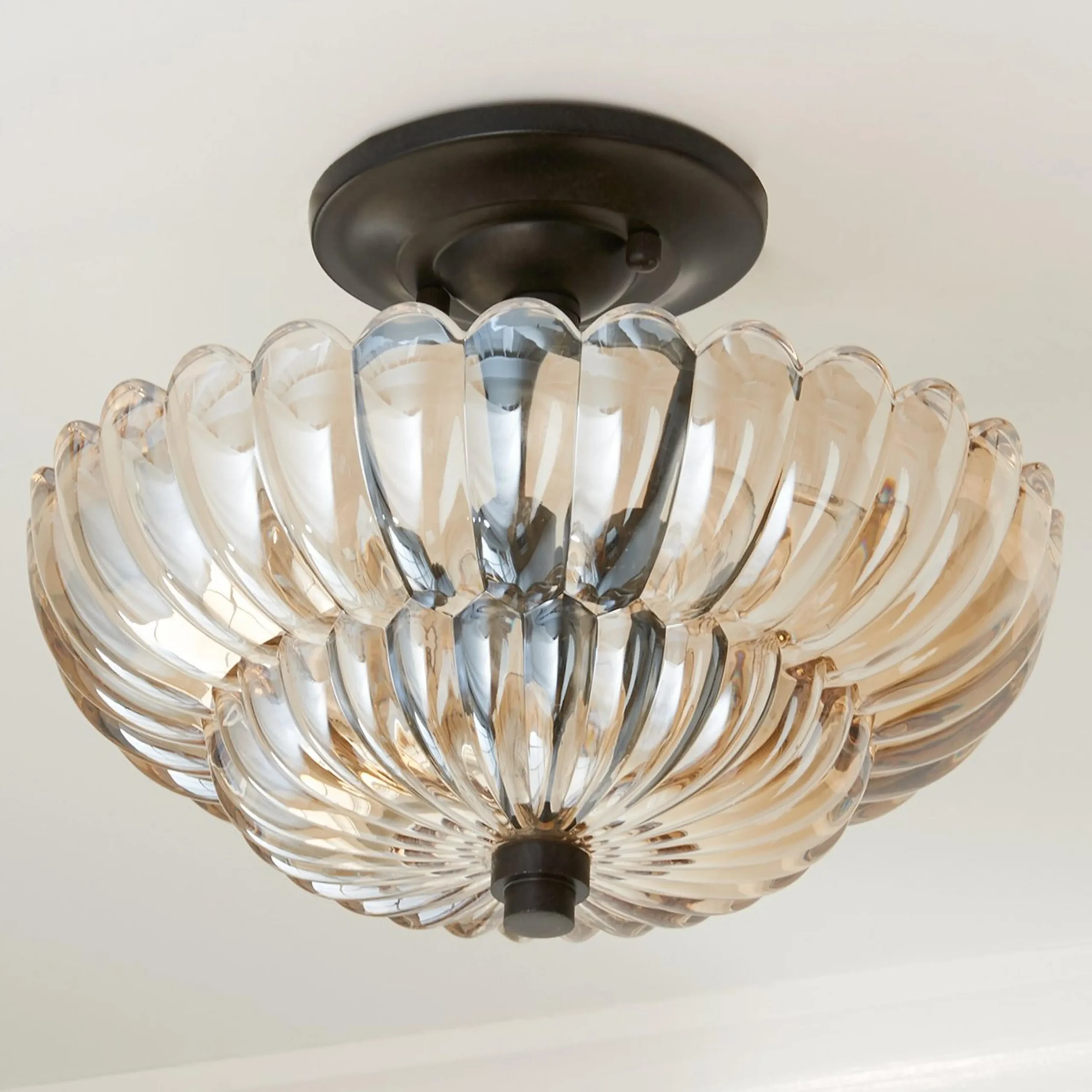 Scalloped Amber Glass Semi-Flush Ceiling Light - Small