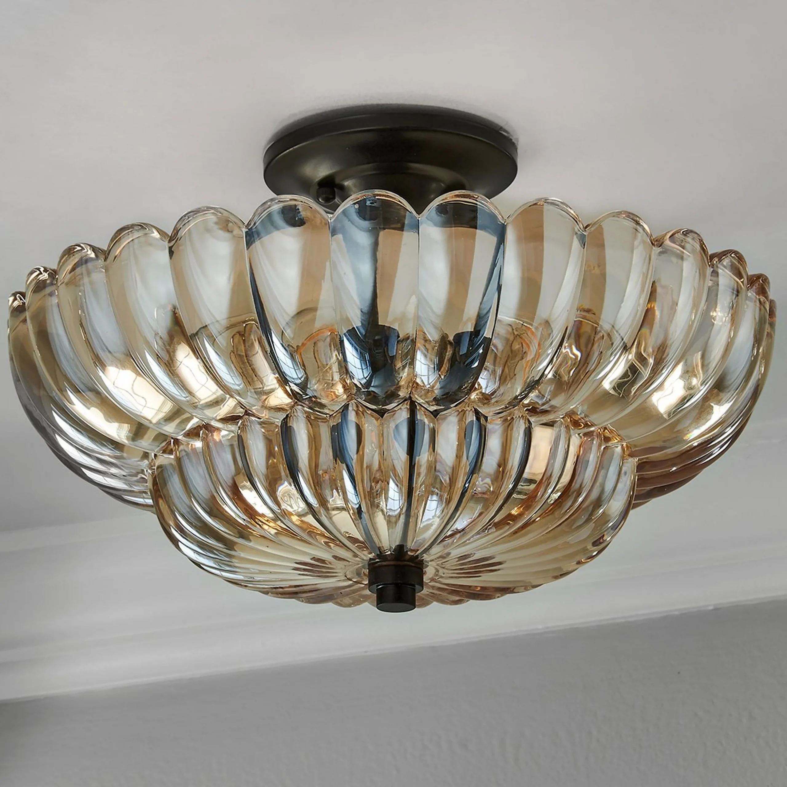 Scalloped Amber Glass Semi-Flush Ceiling Light - Large