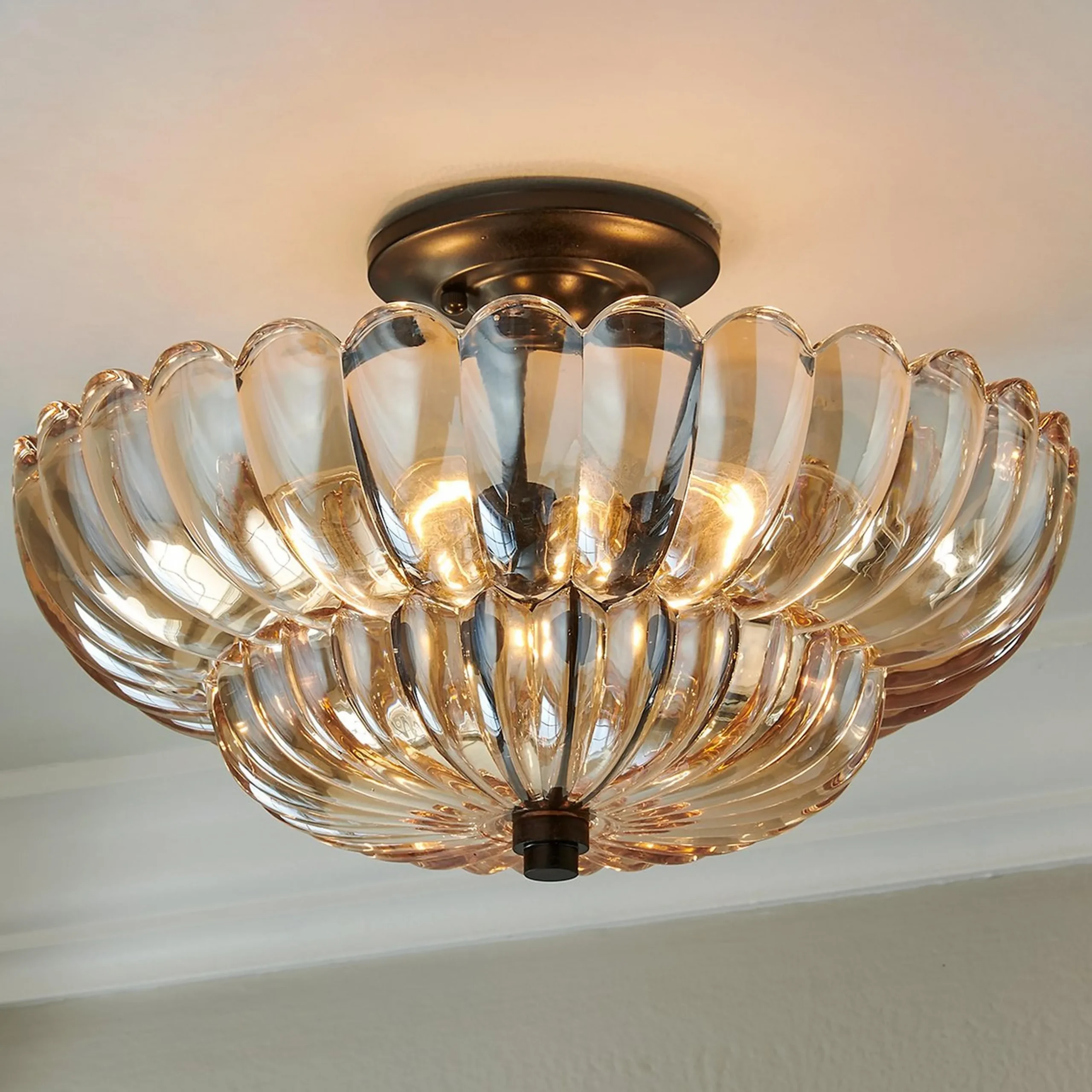 Scalloped Amber Glass Semi-Flush Ceiling Light - Large
