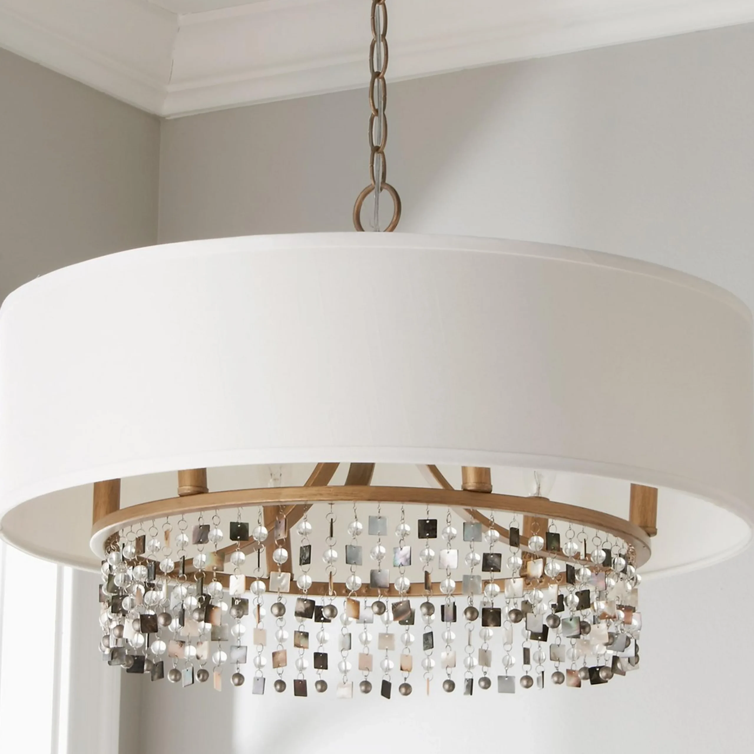 Shell and Crystal Drum Shade Chandelier