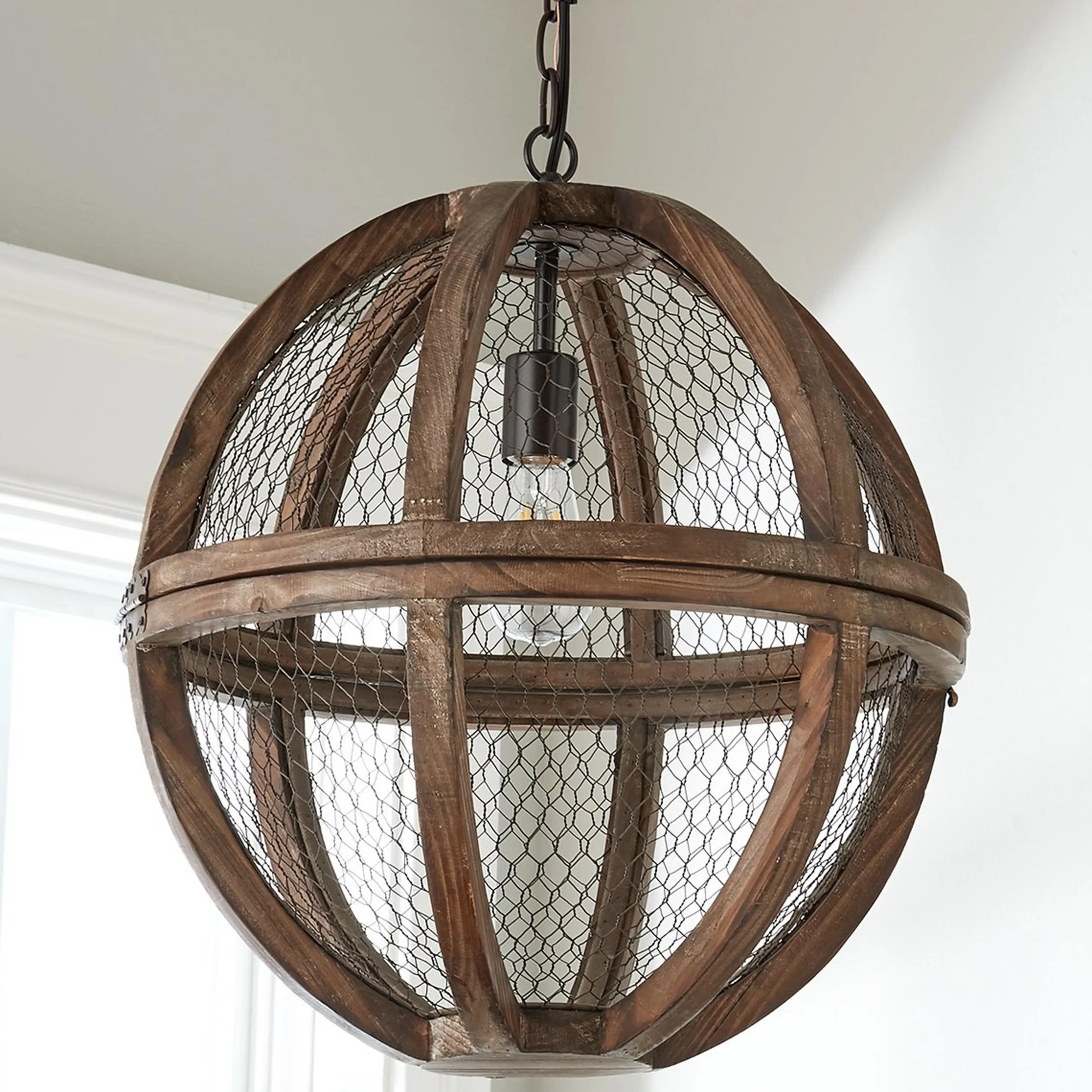 Simple Chicken Wire Wood Ball Pendant