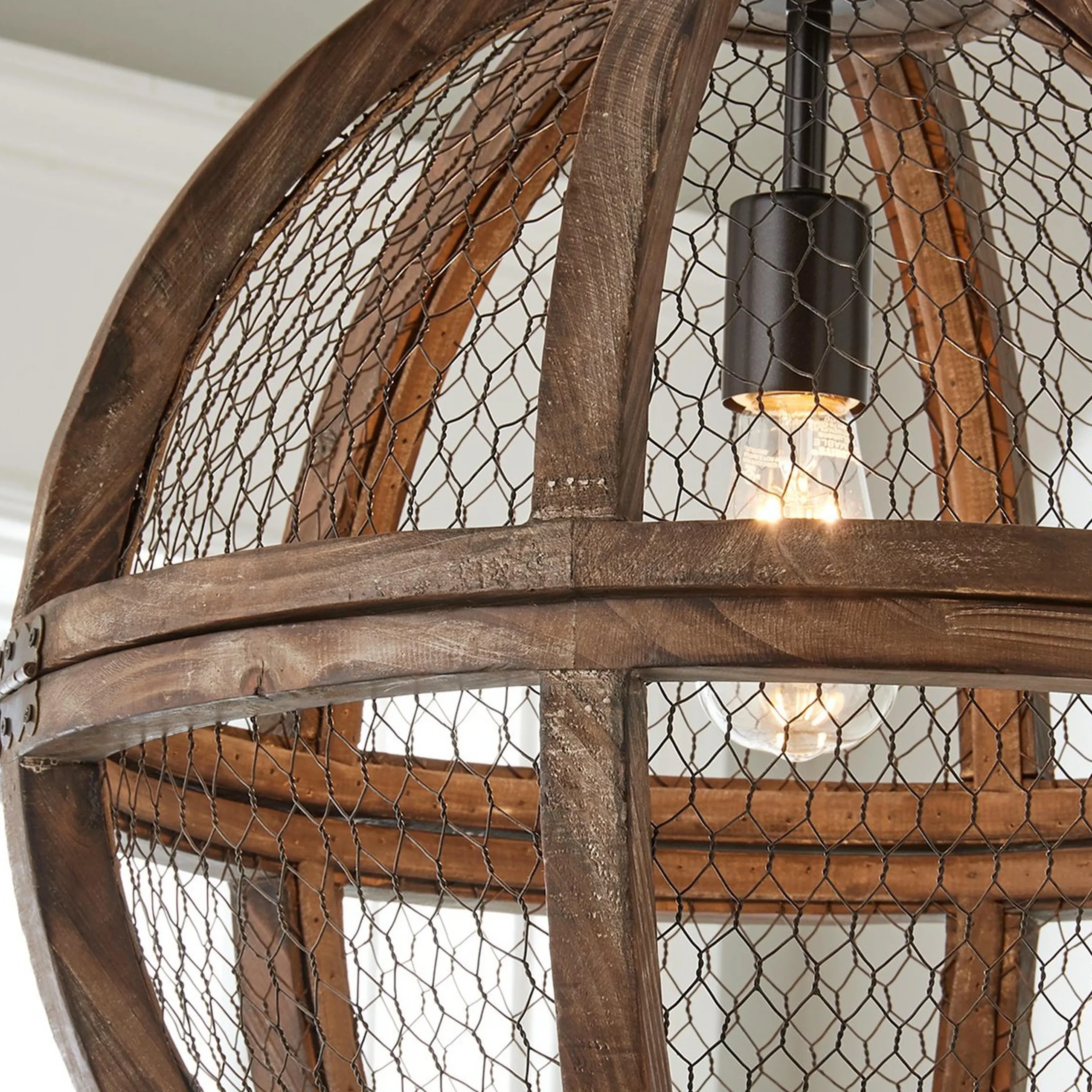 Simple Chicken Wire Wood Ball Pendant