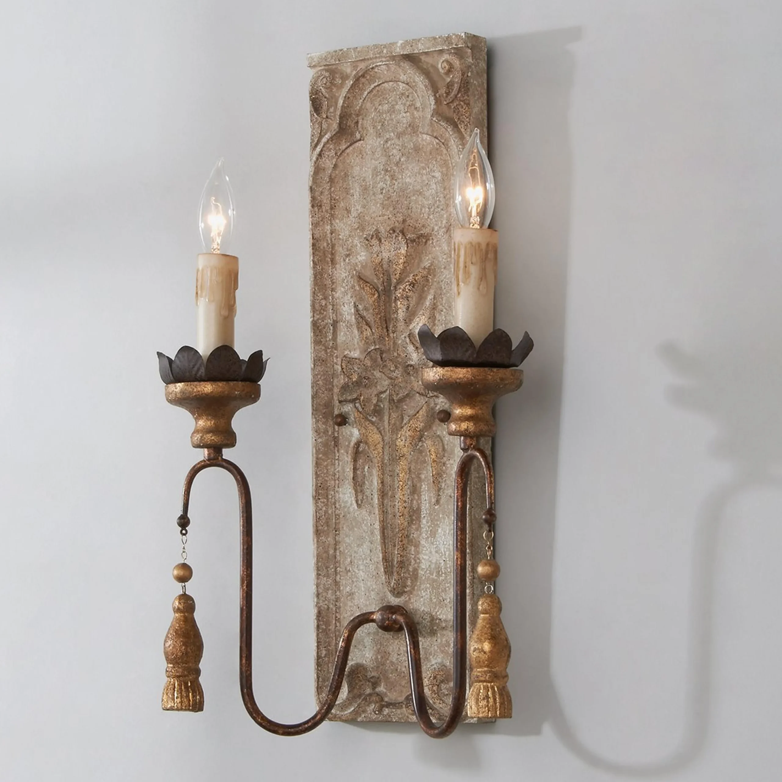 Wood and Iron Carved Floral Sconce